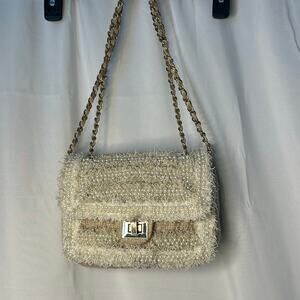 Cristina Sabatini Tweed Pearl Embellished Chain Shoulder Bag Ivory Beige
